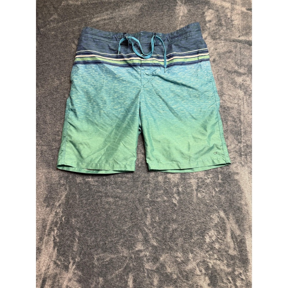Calvin Klein Mens Board Shorts Blue Green Striped Swim Trunks XL RN54163